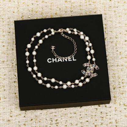 Chanel Double Pearl Rainbow Diamond Necklace - Image 3