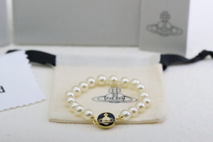 Vivienne Westwood Round Black Enamel Saturn Pearl Bracelet - Image 2