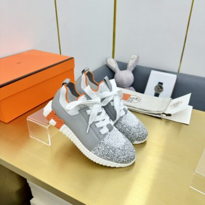 Hermes Spring and Summer Couples British Gray, White and Orange Colorblock Breathable and Durable Sports Casual Shoes - Image 2