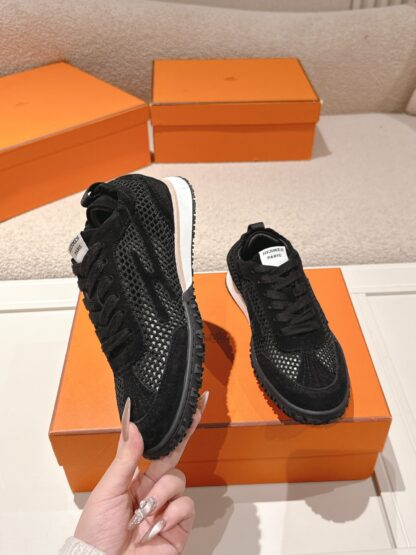 Hermès pure black goatskin contrast color sneakers, 2cm thick sole - Image 2