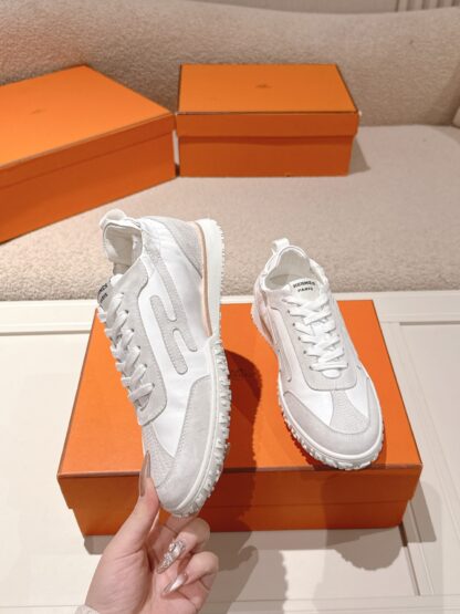 Hermès white and grey goatskin contrasting sneakers, 2cm thick sole - Image 2