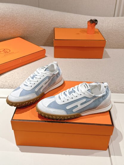 Hermès white and blue goatskin contrasting sneakers, 2cm thick sole - Image 2