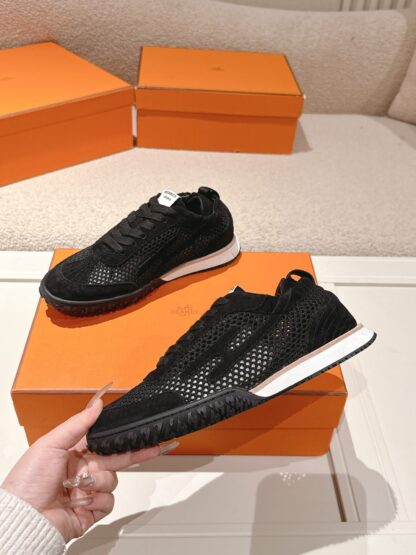 Hermès pure black goatskin contrast color sneakers, 2cm thick sole - Image 3