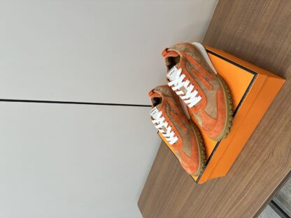 Hermès brown and orange goatskin contrasting sneakers, 2cm thick sole - Image 3