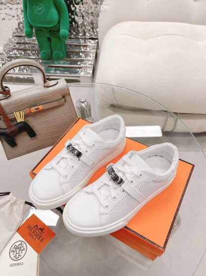 Hermes white latest kelly shoe buckle classic flat casual shoes - Image 3