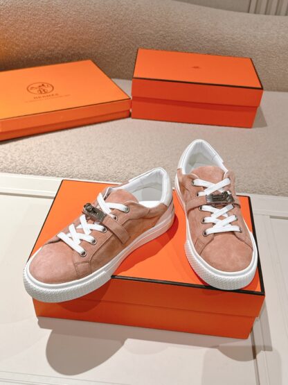 Hermes pink apricot latest kelly shoe buckle classic flat casual shoes - Image 3