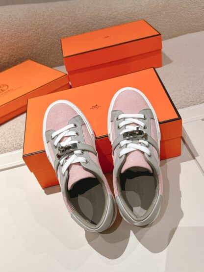 Hermes couple's gray and pink Kelly shoe buckle classic flat casual shoes - Image 3