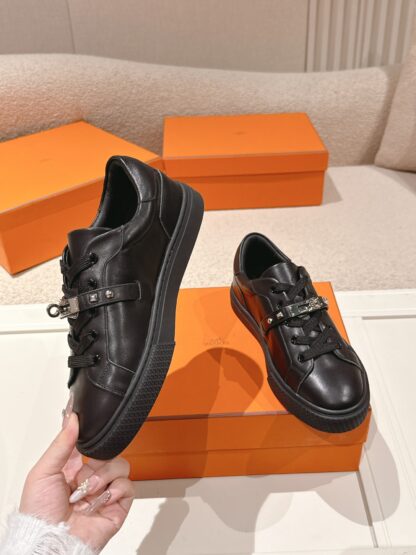 Hermes couple black kelly shoe buckle classic flat casual shoes - Image 3