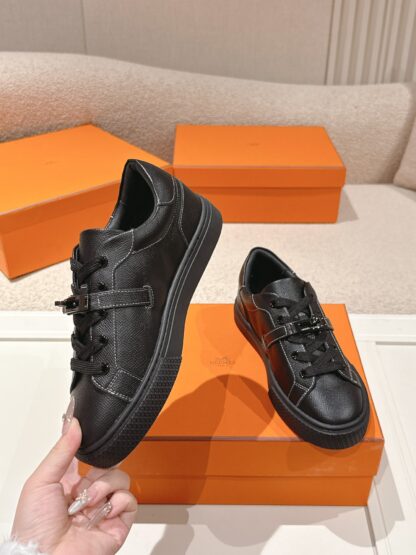 Hermes couple's pure black kelly shoe buckle classic flat casual shoes - Image 3