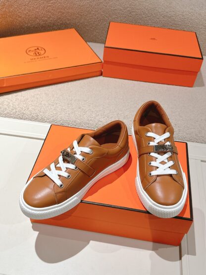 Hermes couple brown kelly shoe buckle classic flat casual shoes - Image 3