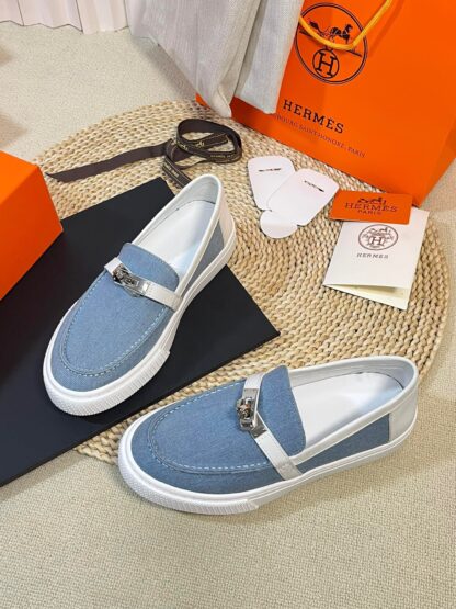 Hermes Kelly shoe buckle blue and white fashion noble casual loafers - Image 3