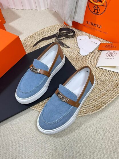 Hermes kelly shoe buckle blue brown fashion noble casual loafers - Image 3