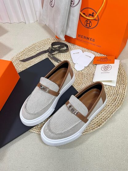 Hermes Kelly shoe buckle gray brown fashion noble casual loafers - Image 3