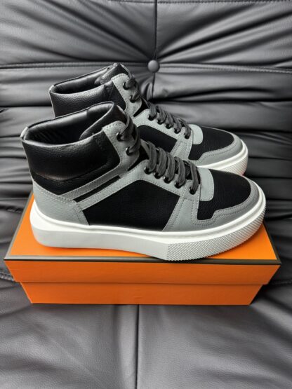 Hermes grey and black color matching cowhide high-end noble high-top casual shoes - Image 3