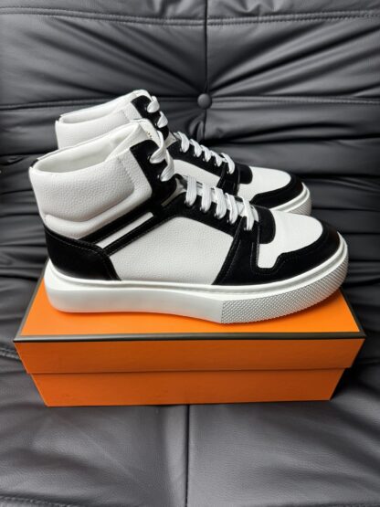 Hermes white and black color matching cowhide high-end noble high-top casual shoes - Image 3