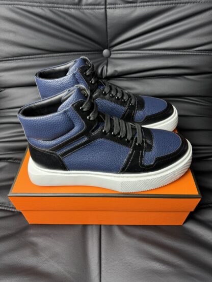 Hermès blue and black color matching cowhide high-end noble high-top casual shoes - Image 3