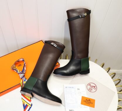 Hermès classic kelly buckle stylish brown and green color matching mid-calf boots - Image 3