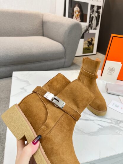 Hermès Classic Brown Silver Buckle Suede Biker Boots - Image 3