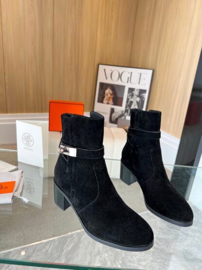 Hermès Classic Black Silver Buckle Suede Biker Boots - Image 3