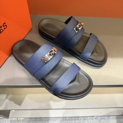 Hermes dark blue gold buckle summer pure handmade high-end sandals - Image 3