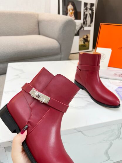 Hermes dark red silver buckle classic kelly buckle fashion ankle boots - Image 3