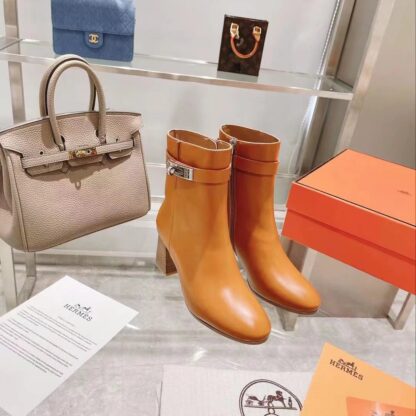 Hermes autumn and winter fashion brown women's short boots heel height 7cm - Image 2