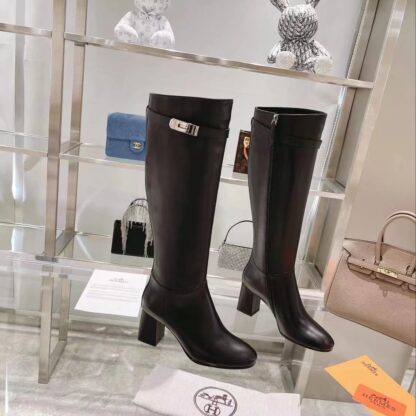 Hermes autumn and winter fashion black women's long boots heel height 7cm - Image 2