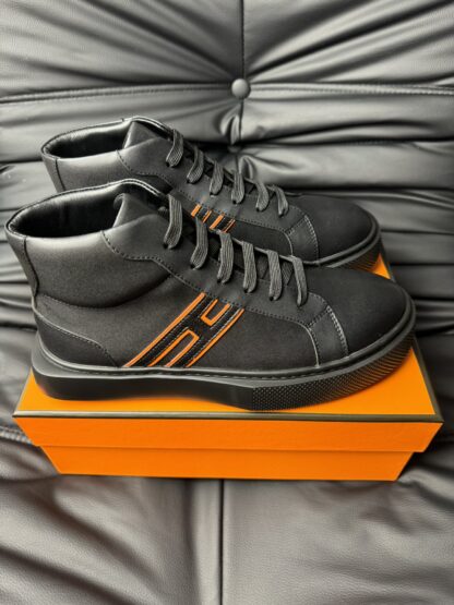 Hermès black and orange color matching cowhide high-end noble high-top casual shoes - Image 3