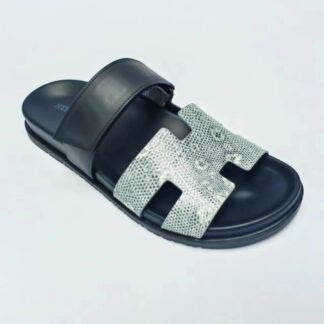 Hermès Couple Silver and Black Braided Slippers