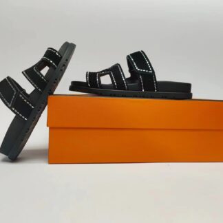 Hermès Couple Braided Black and Silver Slippers
