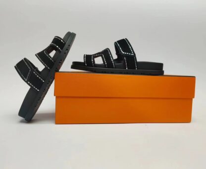 Hermès Couple Braided Black and Silver Slippers