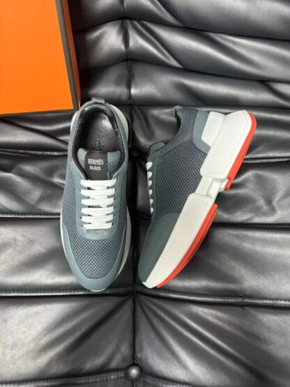 Hermes leather mesh breathable gray-blue high-end temperament casual shoes - Image 3