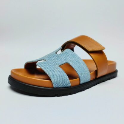 Hermès Couple Braided Brown and Blue Slippers - Image 3