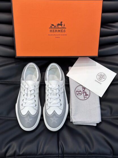 Hermes men's comfortable cowhide white and gray low-top casual sneakers - Image 3