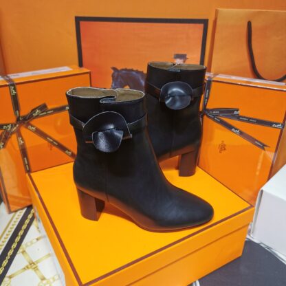 Hermès classic autumn and winter black chunky heel elegant ankle boots - Image 3