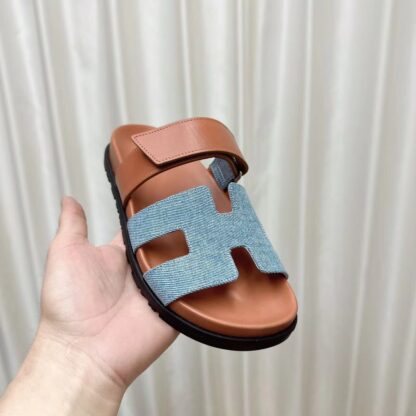 Hermès classic blue apricot couple woven slippers - Image 3