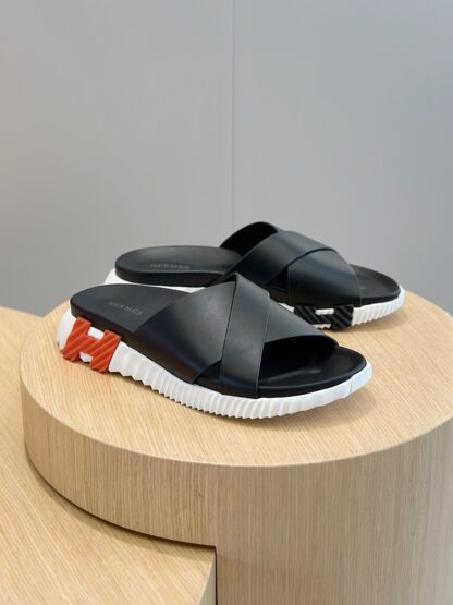 Hermès black and orange men's cross-over ultra-light and comfortable slippers - Image 3