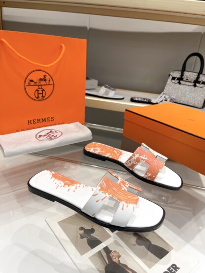 Hermès early spring new white and orange color matching pure handmade slippers - Image 3
