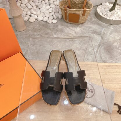 Hermès summer versatile classic black and brown palm pattern flat slippers - Image 2
