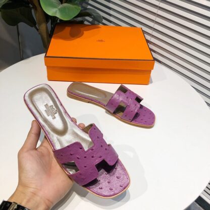 Hermès summer versatile purple crocodile pattern flat slippers - Image 2