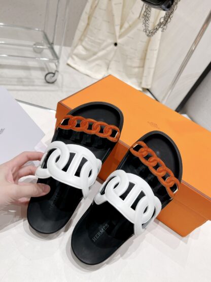 Hermes white brown spring and summer new leather slippers - Image 3
