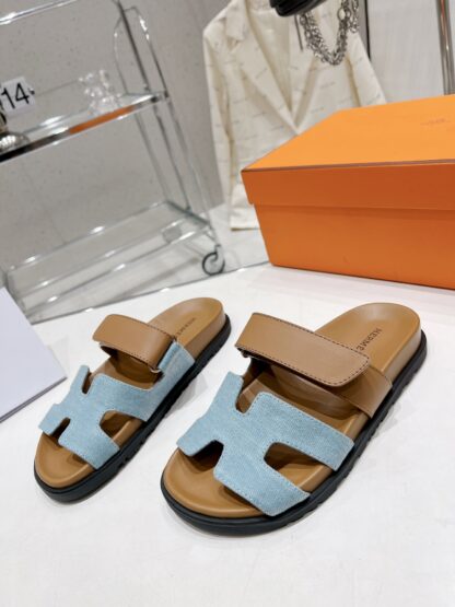 Hermes brown blue spring and summer new leather slippers - Image 3