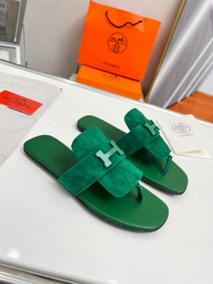 Hermès Spring and Summer Dark Green Daily Home Travel Holiday Essential Slippers - Image 2
