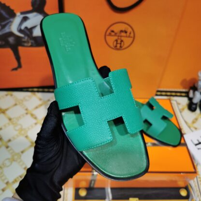 Hermès Bamboo Green Palm Pattern Handmade Slippers
