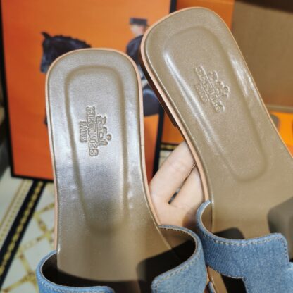 Hermès Denim Blue Handmade Slippers - Image 3