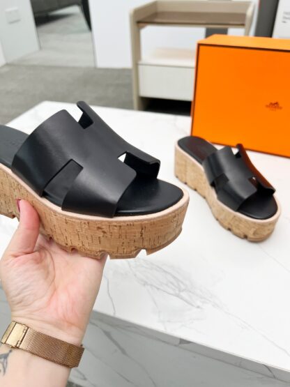 Hermès early spring new black pure handmade thick-soled platform slippers - Image 2