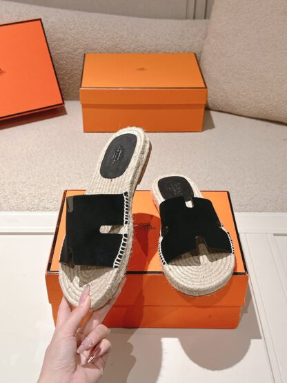 Hermès black spring and summer comfortable and fashionable straw slippers - Image 3