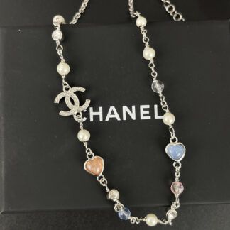 Chanel love color pearl double c silver necklace