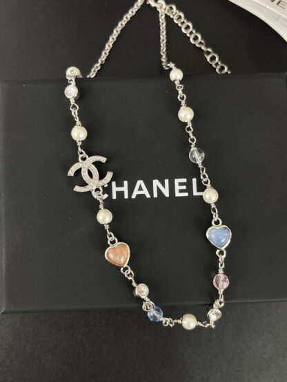 Chanel love color pearl double c silver necklace
