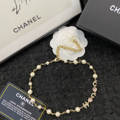 Chanel Pink Heart Letter Pearl Choer Necklace - Image 3